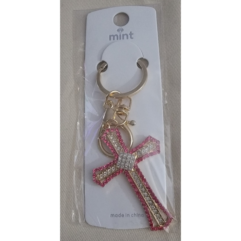 Mint Pink Rhinestone Cross Keychain Gold Tone Crystal Religious Bag Charm‎ NWT